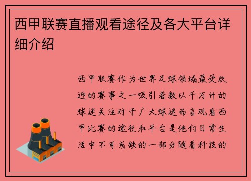 西甲联赛直播观看途径及各大平台详细介绍