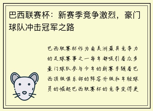 巴西联赛杯：新赛季竞争激烈，豪门球队冲击冠军之路
