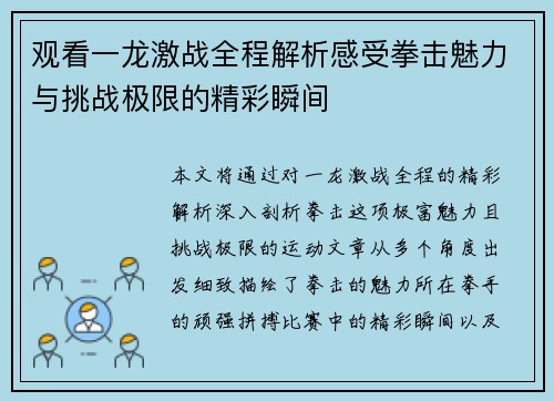 观看一龙激战全程解析感受拳击魅力与挑战极限的精彩瞬间